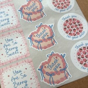 NEW {12 piece} Beautiful girly cake strawberry aesthetic thank you stickers. 2”